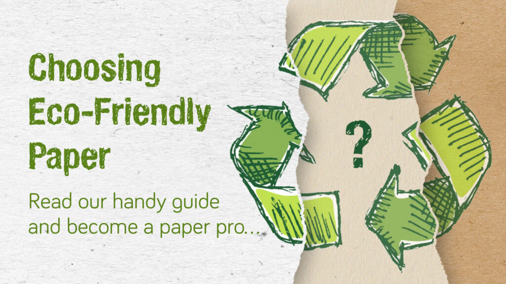 Eco-friendly paper recycling symbol with green arrows and question mark, promoting sustainable paper.