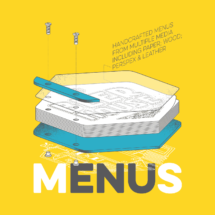 Custom ink-stained menu design with layered paper, wood, and leather textures on a vibrant yellow ba.