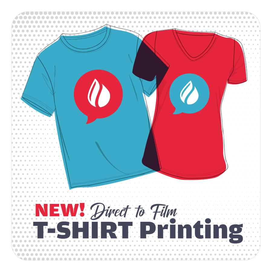 Custom T-shirt printing with vibrant ink designs on blue and red shirts for promotional use.