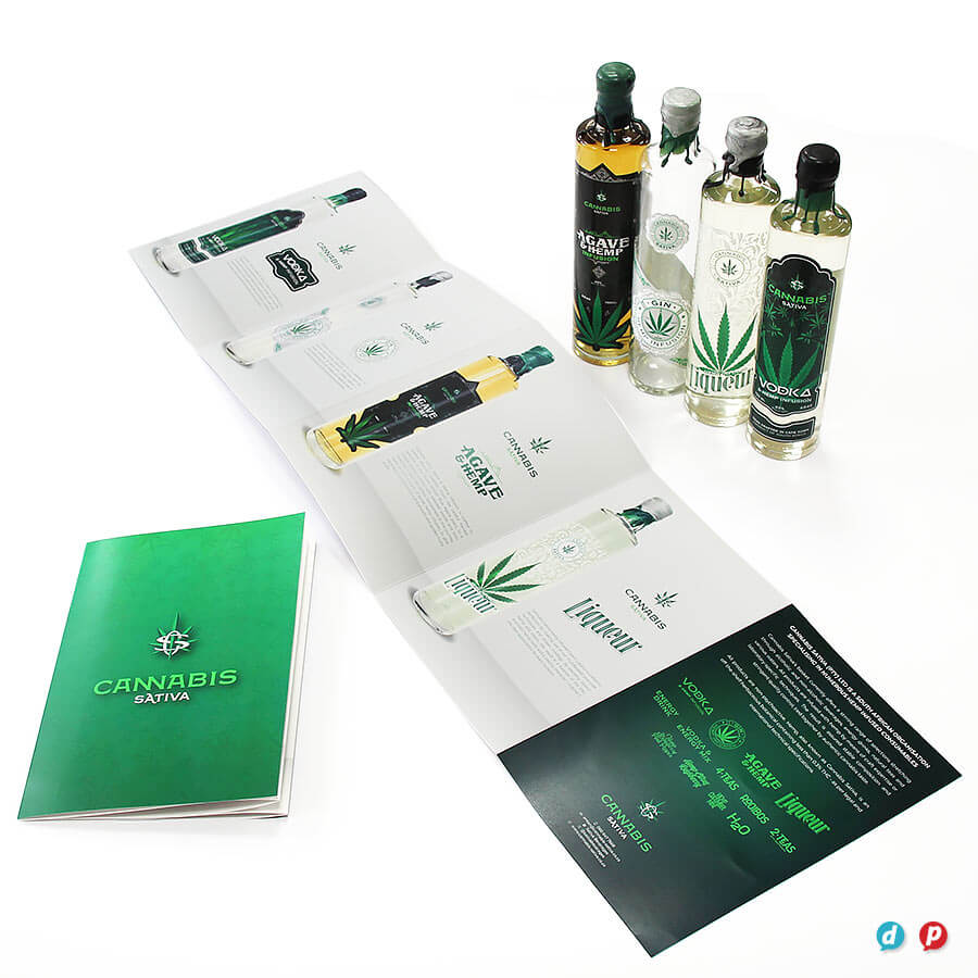 Premium cannabis-infused products with detailed informational brochures and bottles for legal cannab.
