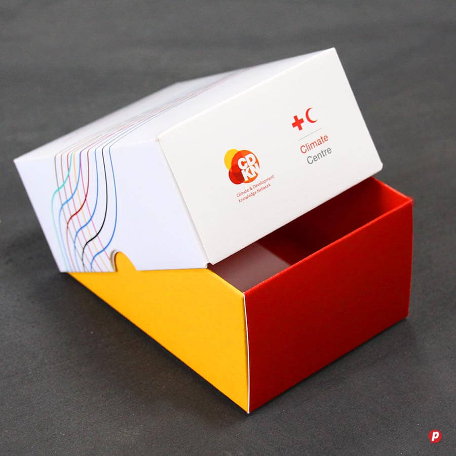 Custom branded box with Climate Centre logo and colorful design elements.