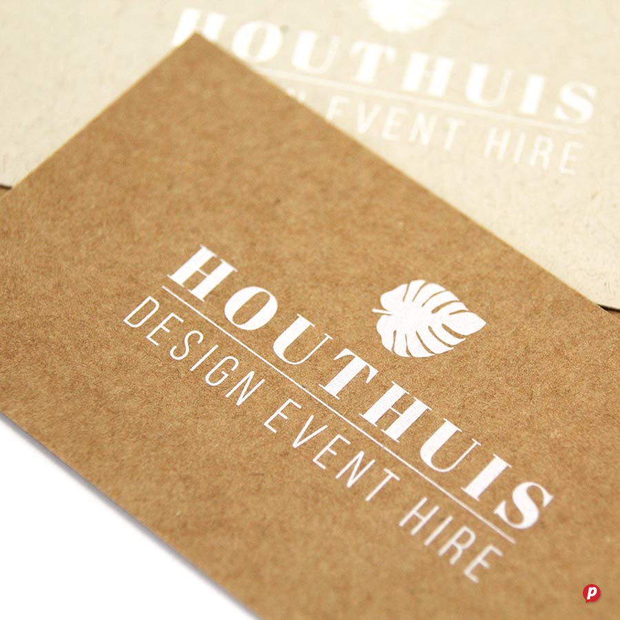 Hot Ink logo on a brown paper card for event hire and design services, featuring a leaf icon.